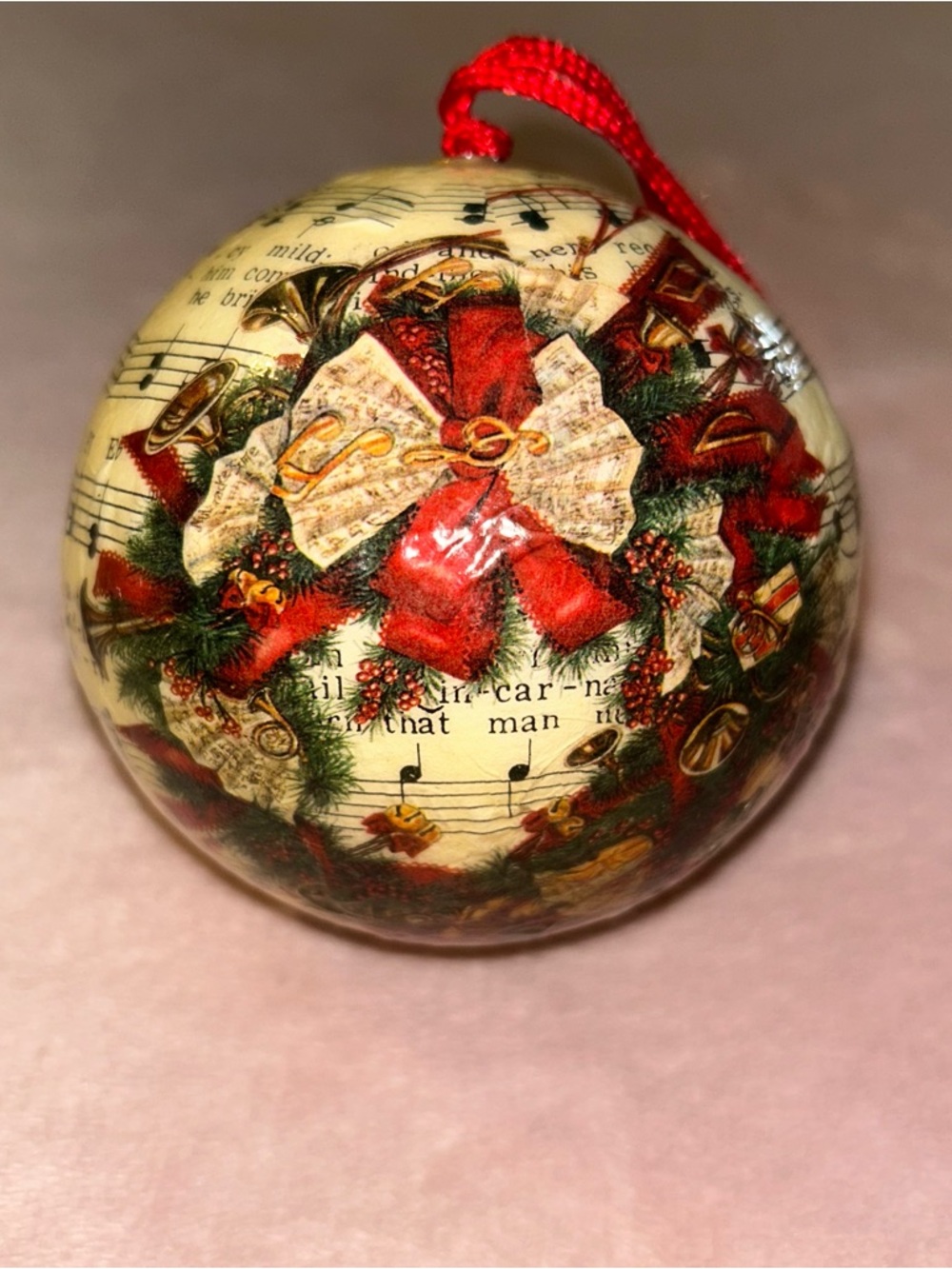 Vintage Victorian style decoupage Christmas ornament sheet music papier-mâché